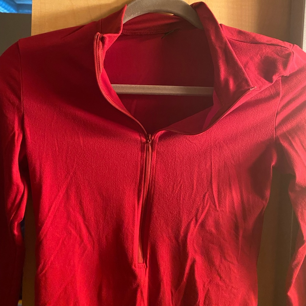 red, v-neck bodysuit.